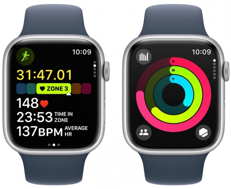 Apple Watch Series 9 45mm GPS+LTE Silver Aluminum Case with Storm Blue Sport Band (M/L) (MRMH3)