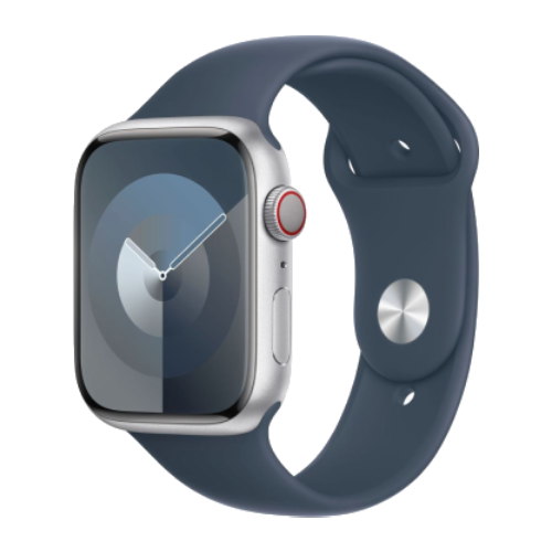 Apple Watch Series 9 45mm GPS+LTE Silver Aluminum Case with Storm Blue Sport Band (M/L) (MRMH3)